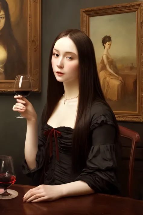 white woman，emaciated，holding a red wine glass，leaning on the small table。there are many paintings hanging on the wall behind me...