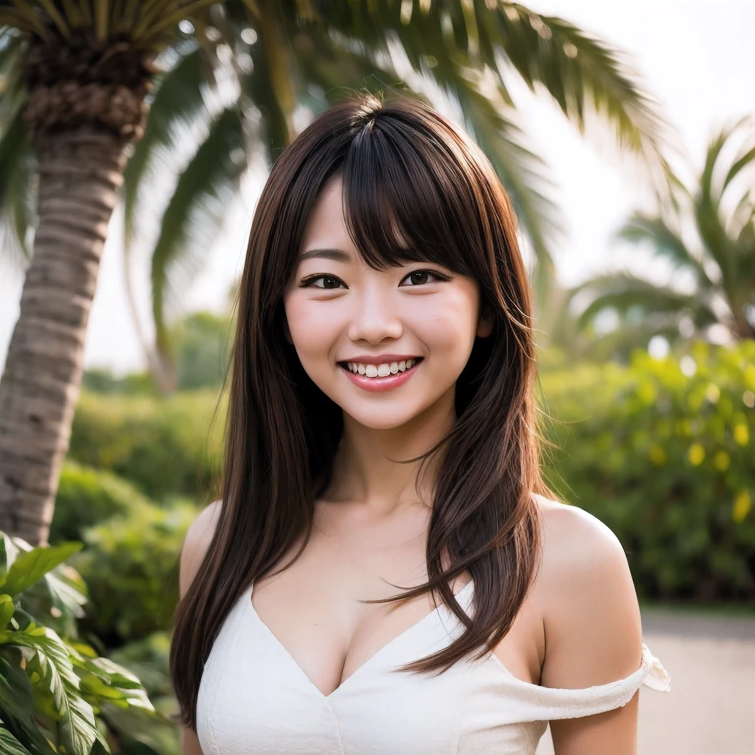 1girl
3d
asian
bangs
bare shoulders
blurry
blurry background
blurry foreground
bokeh
breasts
brown eyes
brown hair
collarbone
cosplay photo
day
depth of field
dress
film grain
grin
lips
long hair
looking at viewer
motion blur
open mouth
outdoors
palm tree
photo \(medium\)
photo background
photo inset
photorealistic
realistic
sleeveless
smile
solo
teeth
tree
upper body