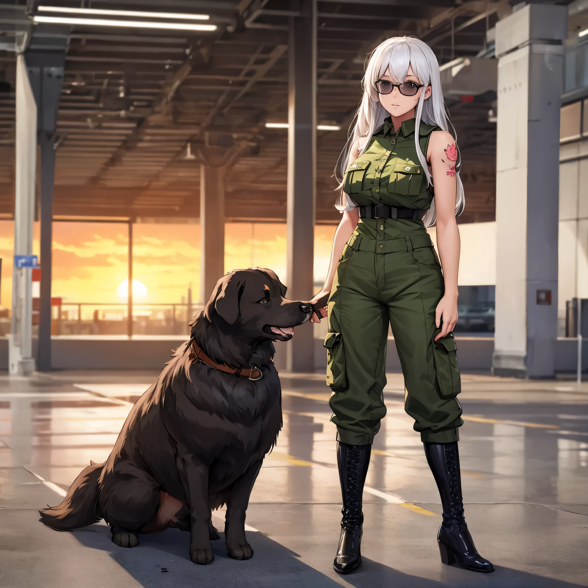 A woman wearing a moss green sleeveless shirt, wearing army pants, black boots, wearing dark sunglasses, long white hair, tattoo of the United States on her arm, outside a large air port, standing on the concrete dog , full body, blurred background, sunset.,(solo woman), glow, drop shadow, flower, UHD, masterpiece, accurate, anatomically correct, textured skin, super detail, high quality, best quality, 8k, high resolution, bokeh effect.
