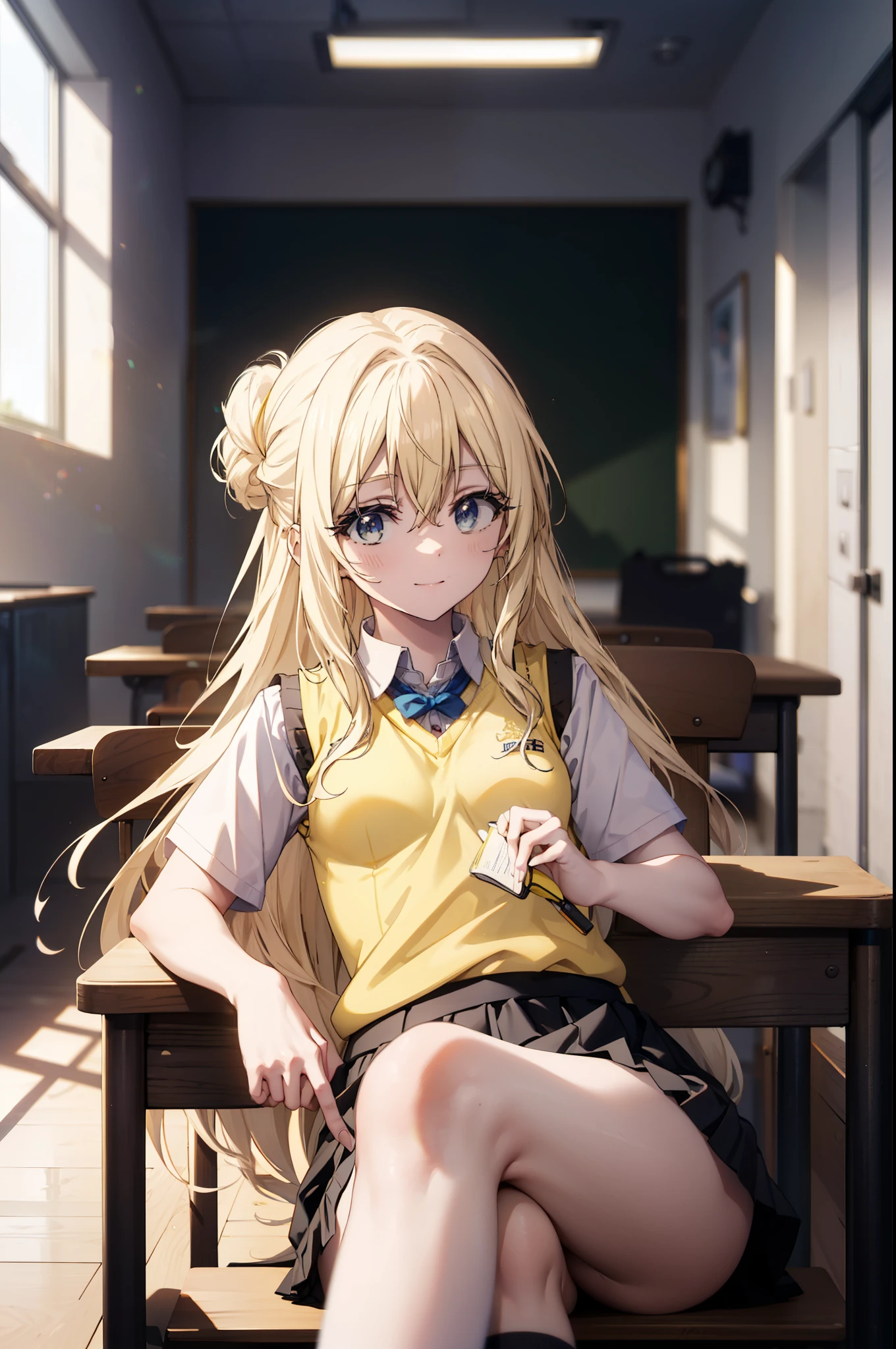 Priestessess, Priestessess, Blonde, blue eyes, Long Hair, Hair between the eyes, (Small breasts:1.2), smile,white yシャツ, Short sleeve, Pleated skirt, socks, Collared shirt, mini skirt, White knee socks, (Black Skirt:1.5), Sweater vest, (yellow Sweater vest:1.5),Brown Loafers,Daytime,sunny,sitting on a chair with legs crossed,There is a textbook on the desk,whole bodyがイラストに入るように,
break indoors, classroom,
break looking at viewer, whole body,
break (masterpiece:1.2), highest quality, High resolution, unity 8k wallpaper, (figure:0.8), (Beautiful fine details:1.6), Highly detailed face, Perfect lighting, Highly detailed CG, (Perfect hands, Perfect Anatomy),