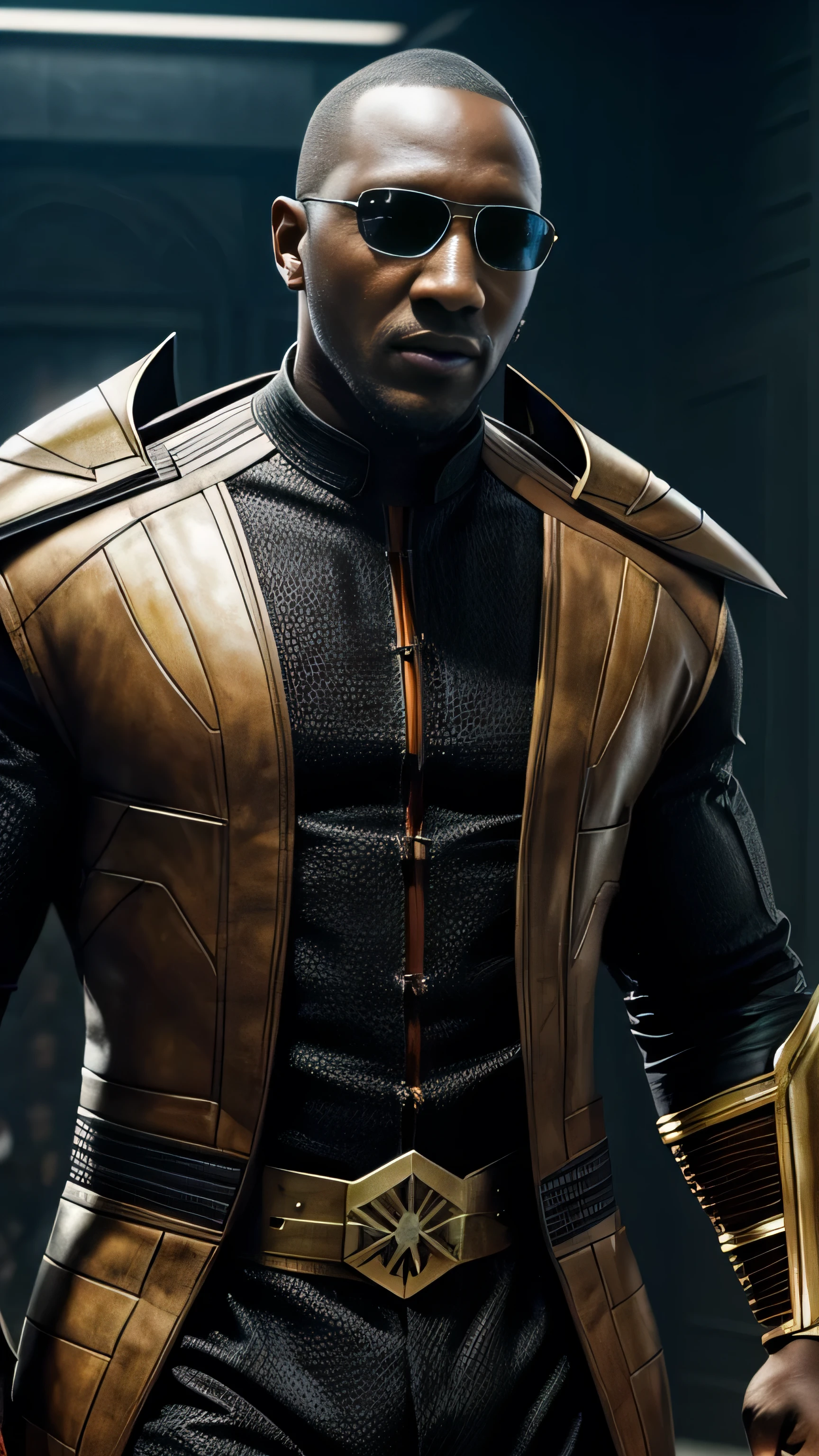 (Mahershala Ali) as Darrius from Mortal Kombat, well-groomed beard, bald head, black techno suit, (orange line patterns:0.8), sunglasses, 1man, solo, full body view, front view, looking at viewer, intricate, high detail, sharp focus, dramatic, photorealistic painting art by greg rutkowski