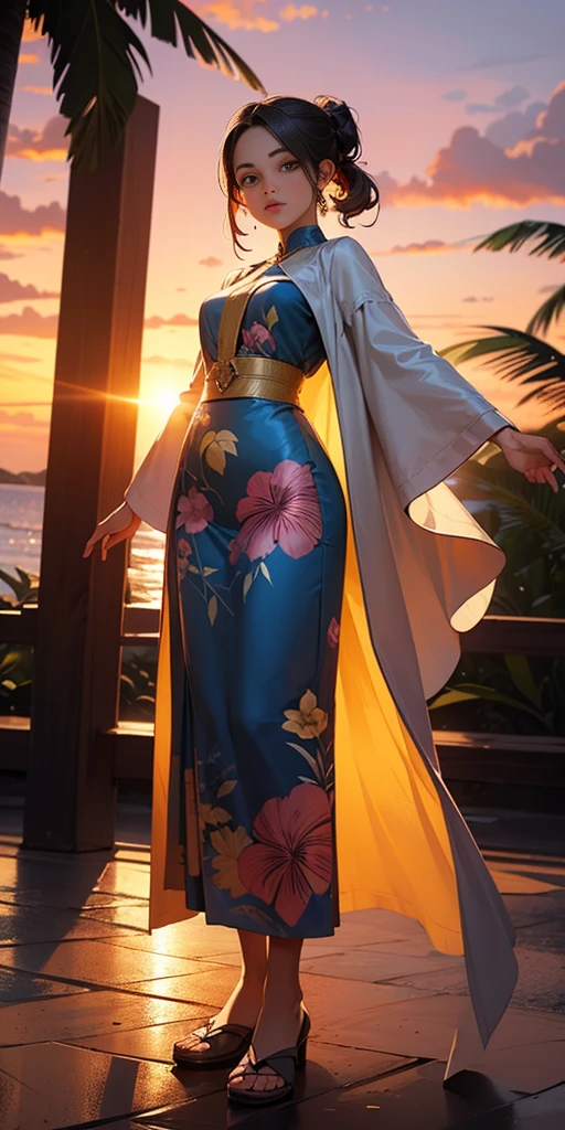 Female standing straight symmetrical. A beautiful sunset in a tropical island. RPGHerbalist cloths