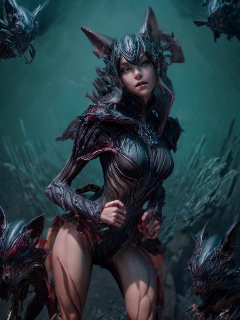 Fantasy art 8k,Masterpiece pmmkr2024,highest quality, Trending on Artstation,Calm,quiet,highest quality,Lycan,evil,dark,spooky,woman,Creepy and cute,Fantasy art,Necromancy,dark