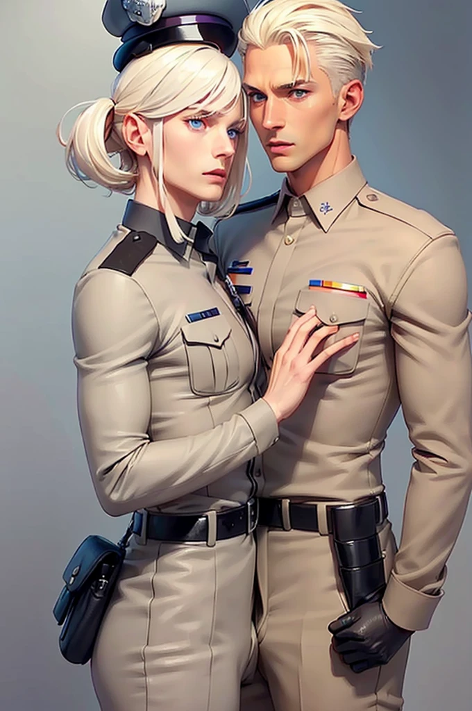 The picture shows two young men standing next to each other: the first man (tall, handsome, athletic, handsome, young man, platinum blond with blue eyes, he is dressed in a policeman's uniform, he has tanned skin, long straight platinum hair, blue eyes), the second man (young, handsome, athletic, handsome, a man, platinum blonde with violet eyes, long bangs, dressed in a policeman's uniform). Masterpiece, detailed study of the face, beautiful face, beautiful facial features, perfect image, realistic shots, detailed study of faces, full-length image, 8k, detailed image, extremely detailed illustration, a real masterpiece of the highest quality, with careful drawing.