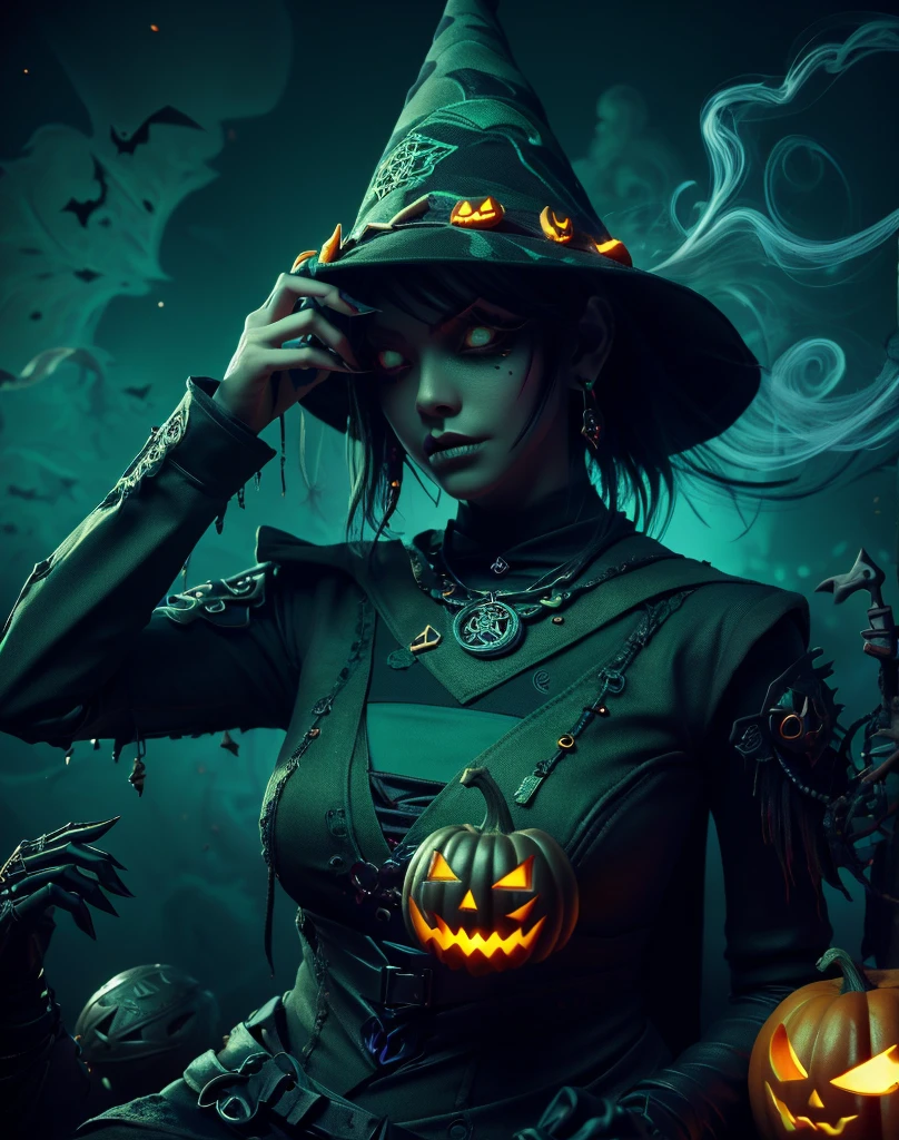 Halloween, A woman dressed in black、Sitting on a scary pumpkin with a ball of green smoke, Necromancer Sorcerer, Beautiful Necromancer, Diablo 4 Lilith, Female Necromancer, Witch Hat, Dark fantasy art, portrait of a Female Necromancer, Diablo 4 Queen, Dark Fantasy Character Design, Diablo digital concept art, dark witch character, Detailed digital 2D fantasy art,, night, moonlight, particle, Green smoke, chromatic aberration, Place your left hand on your hip, Bone Sickle, Cemetery in the background, 8K quality, masterpiece