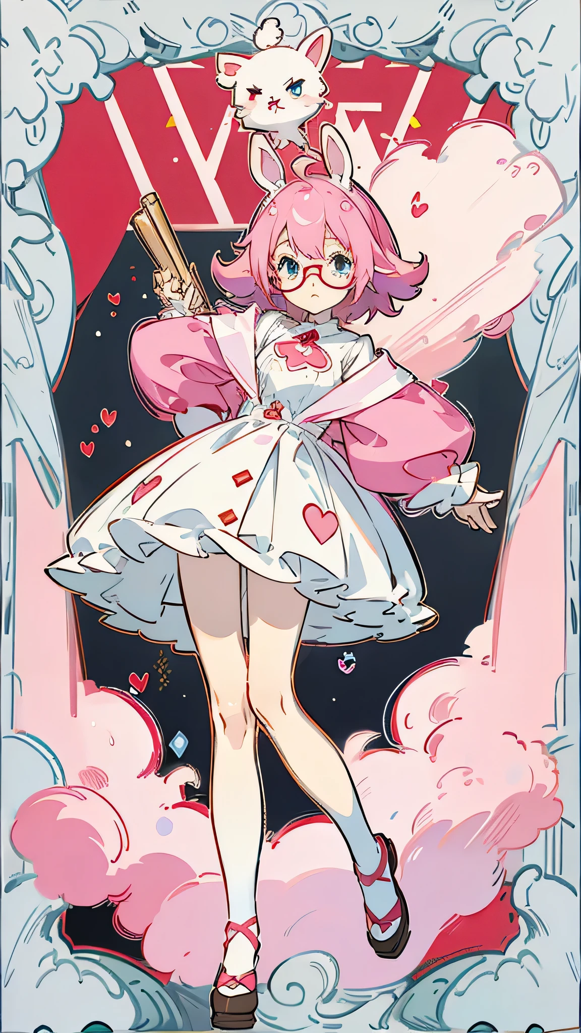 Pink hair, cute bunny girl, blue eyes, pale skin, wearing red glasses, cute, kawaii, masterpiece, high quality, detailed face, full body