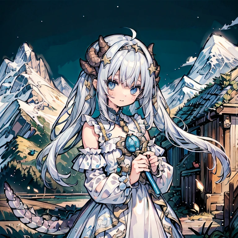 (masterpiece), best quality, highly detailed, 1girl, ((a girl with a tail covered in scales)), solo, detailed beautiful blue face, 16 years old,  beautiful eyes, star_in_eye, +_+,+_+, long hair with half_twintails, white frilled dress, off-shoulder dress, naughty face, holding scepter, circlet, dragonian_head, dragonian_horns, dragonian_hairstyle, dragonian_body, dragonian_tail, upper body, in mountain, bright background, pixiv, image resolution 1024, 4K, 8K