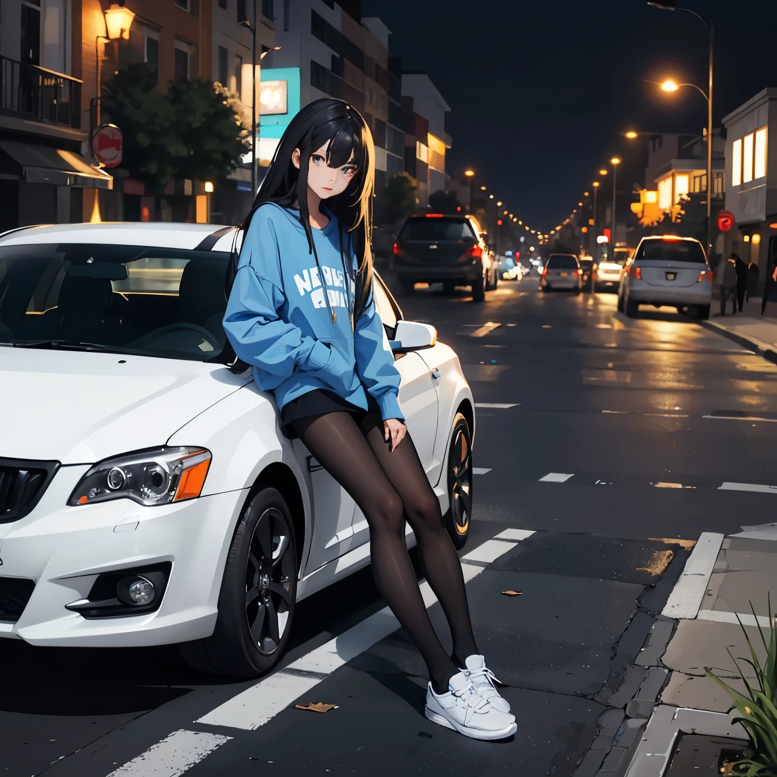 girl, blue sweatshirt, pantyhose, on the side of a white car, black shoes, long hair, black hair, night, street, light poles