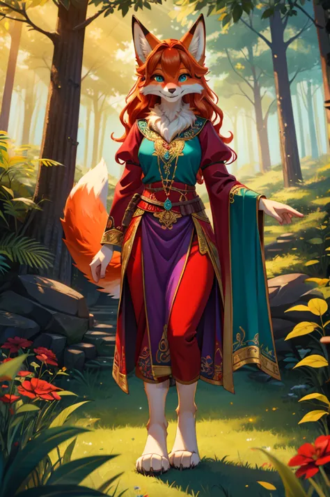 bright colors, fantasy style art, looking at viewer, facing viewer, beautiful anthropomorphic female fox, mature and young, tall...