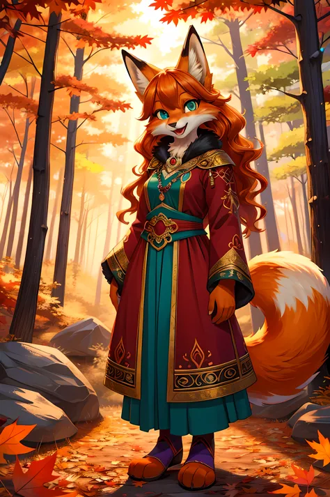 bright colors, fantasy style art, looking at viewer, facing viewer, beautiful anthropomorphic female fox, mature and young, tall...