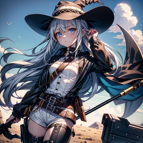 highest quality、masterpiece、official art、the best composition、western hat、western boots、white bustier、hot pants、gun hanging from...