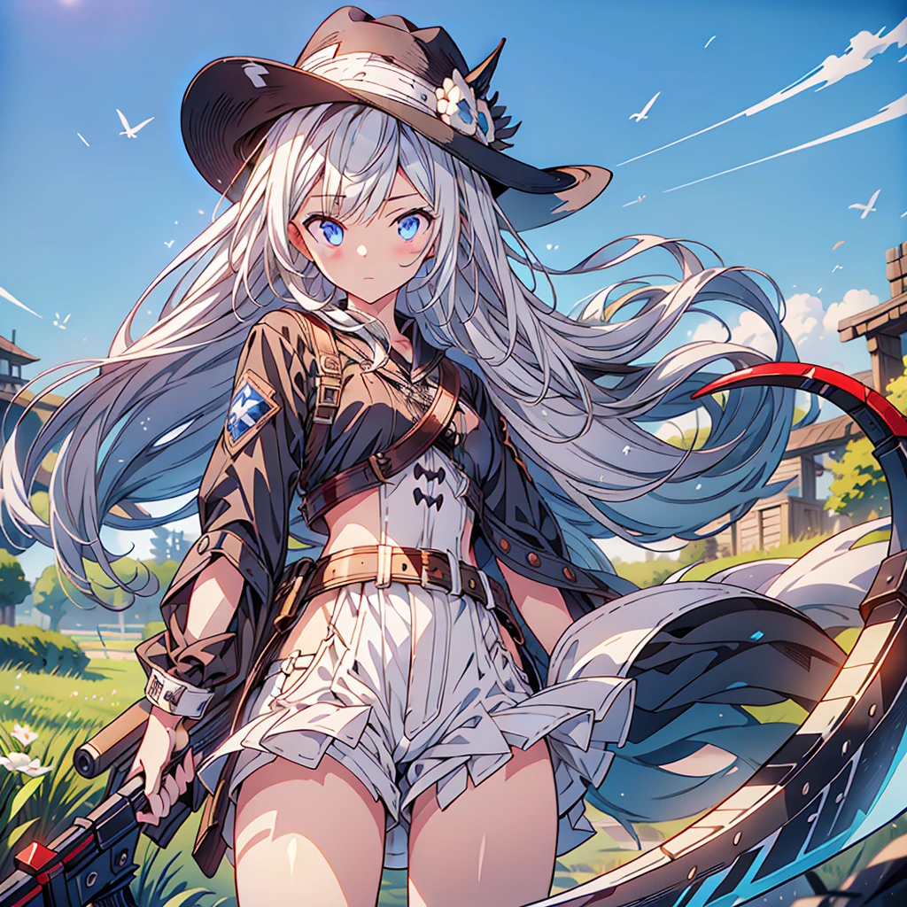 highest quality、Masterpiece、Official Art、The best composition、Western Hat、Western Boots、White bustier、hot pants、Gun hanging from waist、Wind、deep focus,absurdres、detailed eyes and face、minaba hideo、 Grim Reaper's Scythe、Future flying vehicleilky white hair with blue inner color、