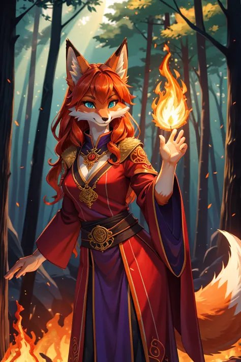 solo character, bright colors, fantasy style art, looking at viewer, facing viewer, beautiful anthropomorphic female fox, elemen...