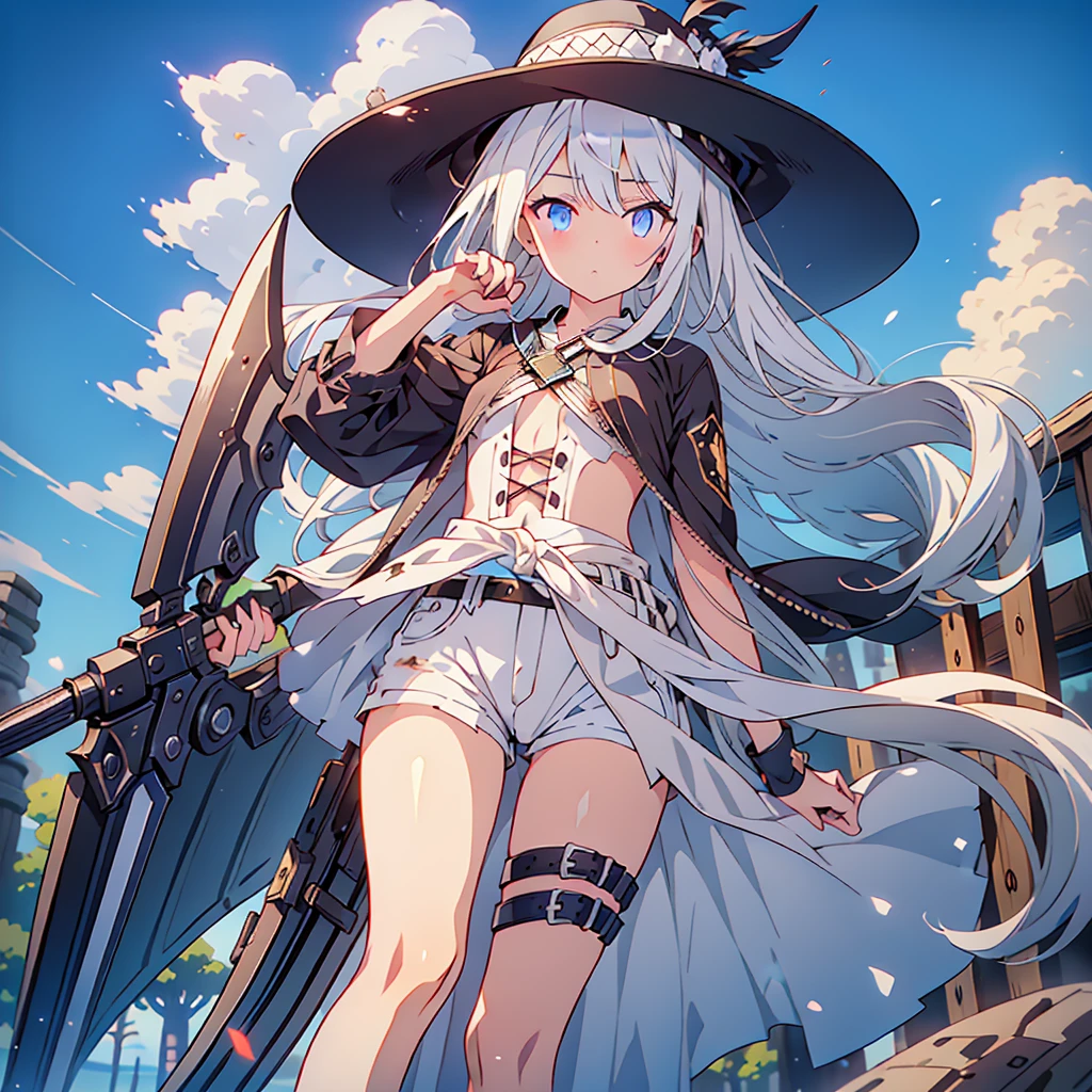 highest quality、Masterpiece、Official Art、The best composition、Western Hat、Western Boots、White bustier、hot pants、Gun hanging from waist、Wind、deep focus,absurdres、detailed eyes and face、minaba hideo、 Grim Reaper's Scythe、Future flying vehicleilky white hair with blue inner color、