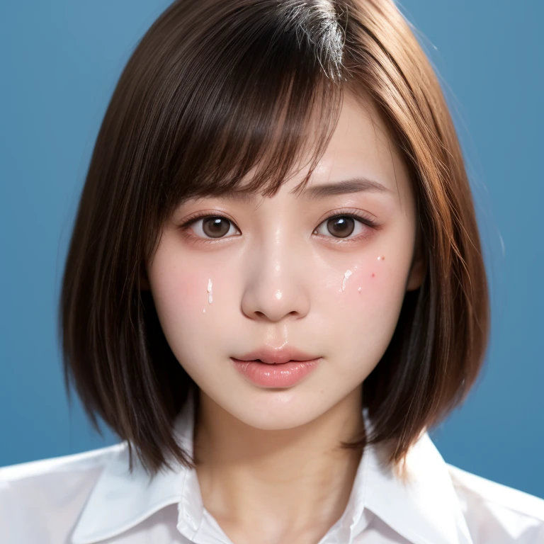 NSFW, (kawaii 24 year-old Japanese girl, Nogizaka idol, Korean idol), (glossy hair, very short hair, bangs:1.3), (beautiful black eyes, rounded face, single eyelid, no makeup:1.4), (noseblush, empty eyes, half opened mouth:1.5), (cum to face, semen on face, bukkake:1.6), (wearing suit jacket, collared shirt, necktie:1.3), (extra small breasts:0.9), BREAK, (simple blue background:1.3), (view from forward, bust shot:1.3), BREAK, (masterpiece, best quality, photo realistic, official art:1.4), (UHD, 8K quality wallpaper, high resolution, raw photo, golden ratio:1.3), (shiny skin), professional lighting, physically based rendering, award winning, (highly detailed skin, extremely detailed face and eyes), Carl Zeiss 85 mm F/1.4, depth of field, (1girl, solo:1.3),