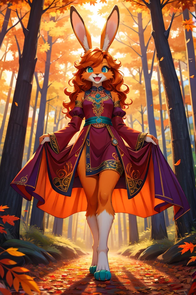 bright colors, fantasy style art, looking at viewer, facing viewer, beautiful anthropomorphic female bunny, mature and young, tall character, 5 feet 11 inches tall, fluffy bunny fur, furry fluffy skin, bunny paws, rabbit legs, bunny feet, teal eyes, long pretty eyelashes, orange fur, orange skin, orange bunny paws, orange bunny feet, long wavy bright orange hair, shapely body, skinny body, healthy body, purple and red warrior outfit, ornate red clothes, fancy purple patterns and symbols, 2 red dress coattails hanging down her sides, long draping red sleeves, standing in a lush fantasy forest, green and orange and red and yellow trees, in the fall, beautiful fall forest, autumn, thick forest, sunlight coming through the trees, smiling happily, excited expression, wide eyes, large smile open mouth, high quality digital art, 2k, professional illustration, highly detailed