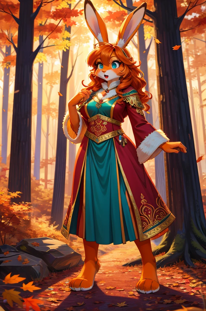 bright colors, fantasy style art, facing viewer, beautiful anthropomorphic female bunny, mature and young, tall character, 5 feet 11 inches tall, fluffy bunny fur, furry fluffy skin, bunny paws, rabbit legs, bunny feet, teal eyes, long pretty eyelashes, orange fur, orange skin, orange bunny paws, orange bunny feet, long wavy bright orange hair, shapely body, skinny body, healthy body, curvy body, large chest, purple and red warrior outfit, ornate red clothes, fancy purple patterns and symbols, 2 red dress coattails hanging down her sides, long draping red sleeves, standing in a lush fantasy forest, green and orange and red and yellow trees, in the fall, beautiful fall forest, autumn, thick forest, sunlight coming through the trees, shocked expression, surprised, curious expression, wide eyes, open mouth, looking at herself in surprise, high quality digital art, 2k, professional illustration, highly detailed