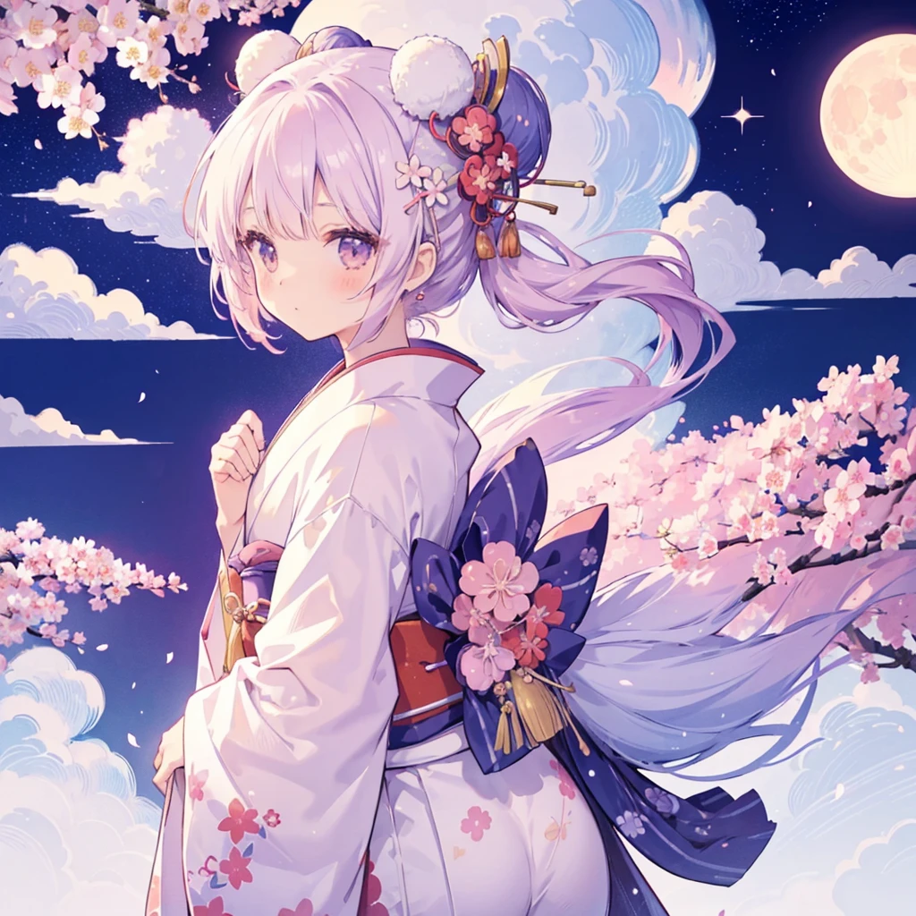 1 sticker, sticker, nikkaze, (cute girl), (gorgeous kimono), (gorgeous hair accessory), (Japanese traditional hairstyle), cherry blossoms, clouds, behind is a huge round moon, stars, white background, no background, simple background, minimal, cute, tiny, pastel color, vector style, no gradient