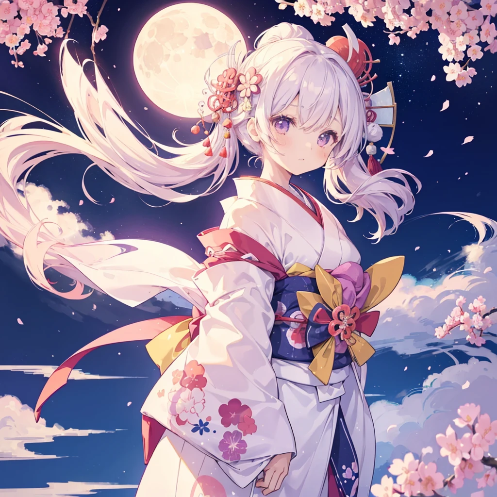 1 ステッカー, ステッカー, 日風, (かわいい girl), (華やかな着物), (ゴージャスなヘアアクセサリー), (日本の伝統的な髪型), 桜, 雲, 後ろには巨大な丸い月がある, 出演者, 白色の背景, 背景なし, シンプルな背景, 最小限, かわいい, 小さい, パステルカラー, ベクタースタイル, グラデーションなし