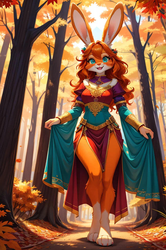 bright colors, fantasy style art, facing viewer, beautiful anthropomorphic female bunny, mature and young, tall character, 5 feet 11 inches tall, fluffy bunny fur, furry fluffy skin, bunny paws, rabbit legs, bunny feet, teal eyes, long pretty eyelashes, orange fur, orange skin, orange bunny paws, orange bunny feet, long wavy bright orange hair, shapely body, skinny body, healthy body, curvy body, large bust, skinny waist, purple and red warrior outfit, ornate red clothes, fancy purple patterns and symbols, 2 short red dress coattails hanging down her sides, long draping red sleeves, standing in a lush fantasy forest, green and orange and red and yellow trees, in the fall, beautiful fall forest, autumn, thick forest, sunlight coming through the trees, smiling happily, excited expression, wide eyes, looking around in wonder, large smile open mouth, high quality digital art, 2k, professional illustration, highly detailed