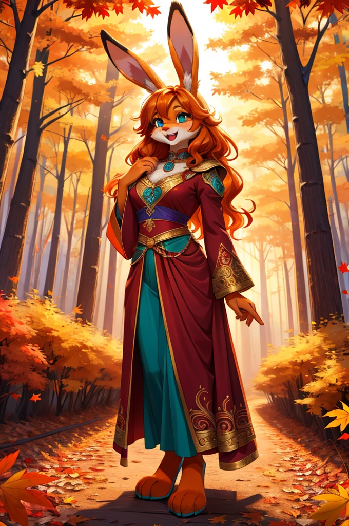 bright colors, fantasy style art, facing viewer, beautiful anthropomorphic female bunny, mature and young, tall character, 5 feet 11 inches tall, fluffy bunny fur, furry fluffy skin, bunny paws, rabbit legs, bunny feet, teal eyes, long pretty eyelashes, orange fur, orange skin, orange bunny paws, orange bunny feet, long wavy bright orange hair, shapely body, skinny body, healthy body, large bust, big chest, skinny waist, small skinny hips, purple and red warrior outfit, ornate red clothes, fancy purple patterns and symbols, 2 red dress coattails hanging down her sides, long draping red sleeves, standing in a lush fantasy forest, green and orange and red and yellow trees, in the fall, beautiful fall forest, autumn, thick forest, sunlight coming through the trees, smiling happily, excited expression, wide eyes, looking around in wonder, large smile open mouth, high quality digital art, 2k, professional illustration, highly detailed
