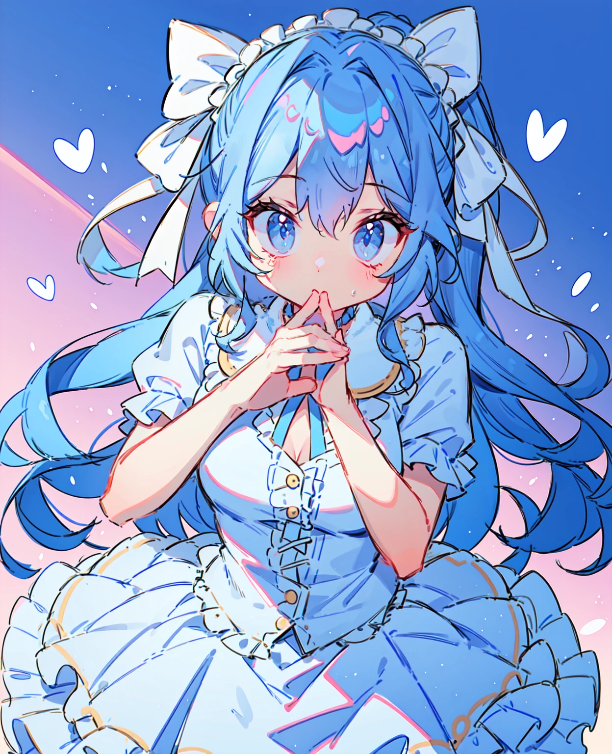 1 girl in, blue hair, Long double ponytail, blue shirt, puffy collar, White fluffy skirt,  heart and your hands, White ribbon on hair, Lots of hair accessories, Lolita prostitute