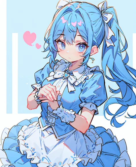 1 girl in, blue hair, Long double ponytail, blue shirt, puffy collar, White fluffy skirt,  heart and your hands, White ribbon on...
