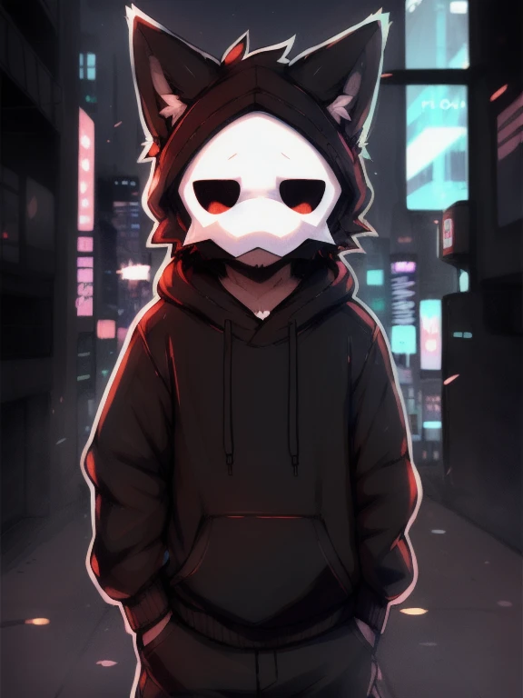 by zackary911, (coffeesoda:1.1), hioshiru, zackary911, puro, anthro, male, solo, clothing, fur, 2022, black clothing, hoodie, black topwear, lidded eyes, black hoodie, cyberpunk city background, puro, changed, black latex wolf, 