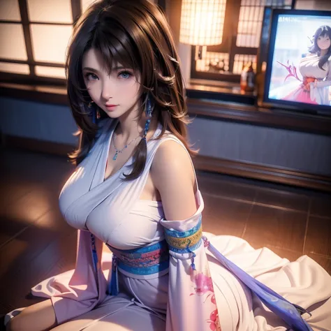 Final fantasy (Yuna) Anime girl with brown hair and a white kimono dress holding her necklace, beautiful character painting, sof...