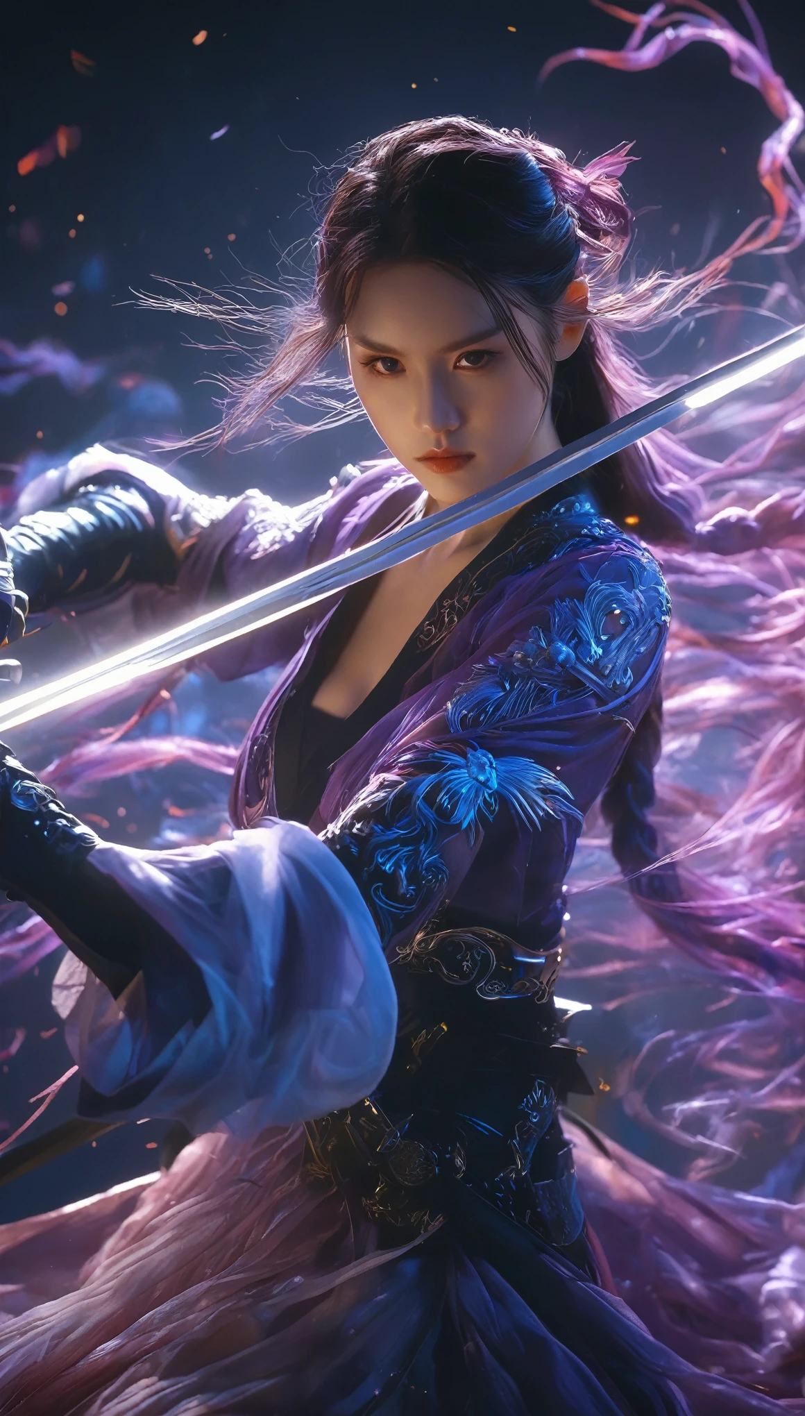 upperbody Photography of female swordman，1 girl，solo，beautiful， yinji , anatomical correct:2, twin braids:3, purple hair:3，hair ornament:3, gloves, ahoge，low-tied very long hair， purple eyes，Raw, cinematic shot, (sharp focus:1.5), (photorealistic:1.4), twilight lighting, volumetric lighting, ultra high res, 16K,dramatic lighting, abstract backgrounds：1.5），Glowing sword,(Fighting posture),Hold the hilt of a sword in your hand，1sword，solo，（zentangle，datura，Tangles，entangled：0.7） , depth of field, Fantastical Atmosphere, The most beautiful form of chaos, ellegance, Dark theme of Fauvist design, Flower of Death, Flowers of ecstasy，Glowing Line,Glow Example，Tracking example，flash， Backlight，translucent，light particles，xianxia