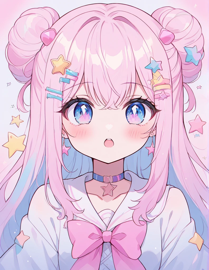 neondskdrmsxl, Fraction_9_up, Fraction_8_up, Fraction_7_Direction_6_up, 1 Girl, Solitary, Soft colors, open mouth, long hair, Star , (Symbolism), Star Hair accessories, Hair accessories, Double tail, looking at the audience, blue eyes, pastel neon lighting, source_Japanese cartoons, neon, neon theme , 