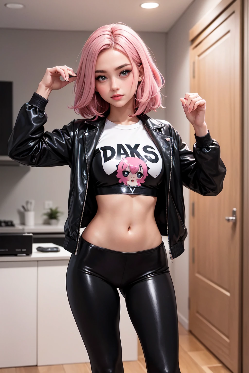 16 year old girl, beautiful girl, 184 cm, 40 kg,  often blushes from anxiety, pink punk hair, waers shiny clothes - leather jackets, cropped t-shirts, and very thick skin/Latex leggings,wears black and white sneakers. She is at home. Anatomically correct, hyperrealistic, award-winning, 4K