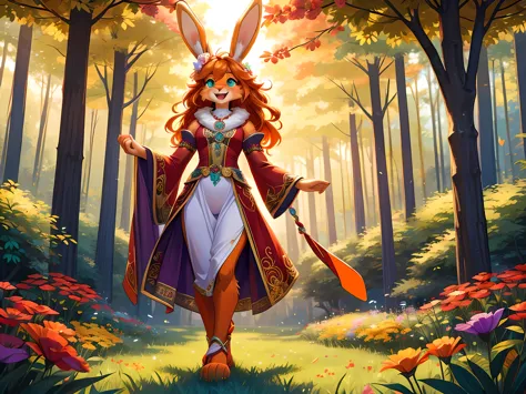 bright colors, fantasy style art, beautiful anthropomorphic female bunny, mature and young, tall character, 5 feet 11 inches tal...