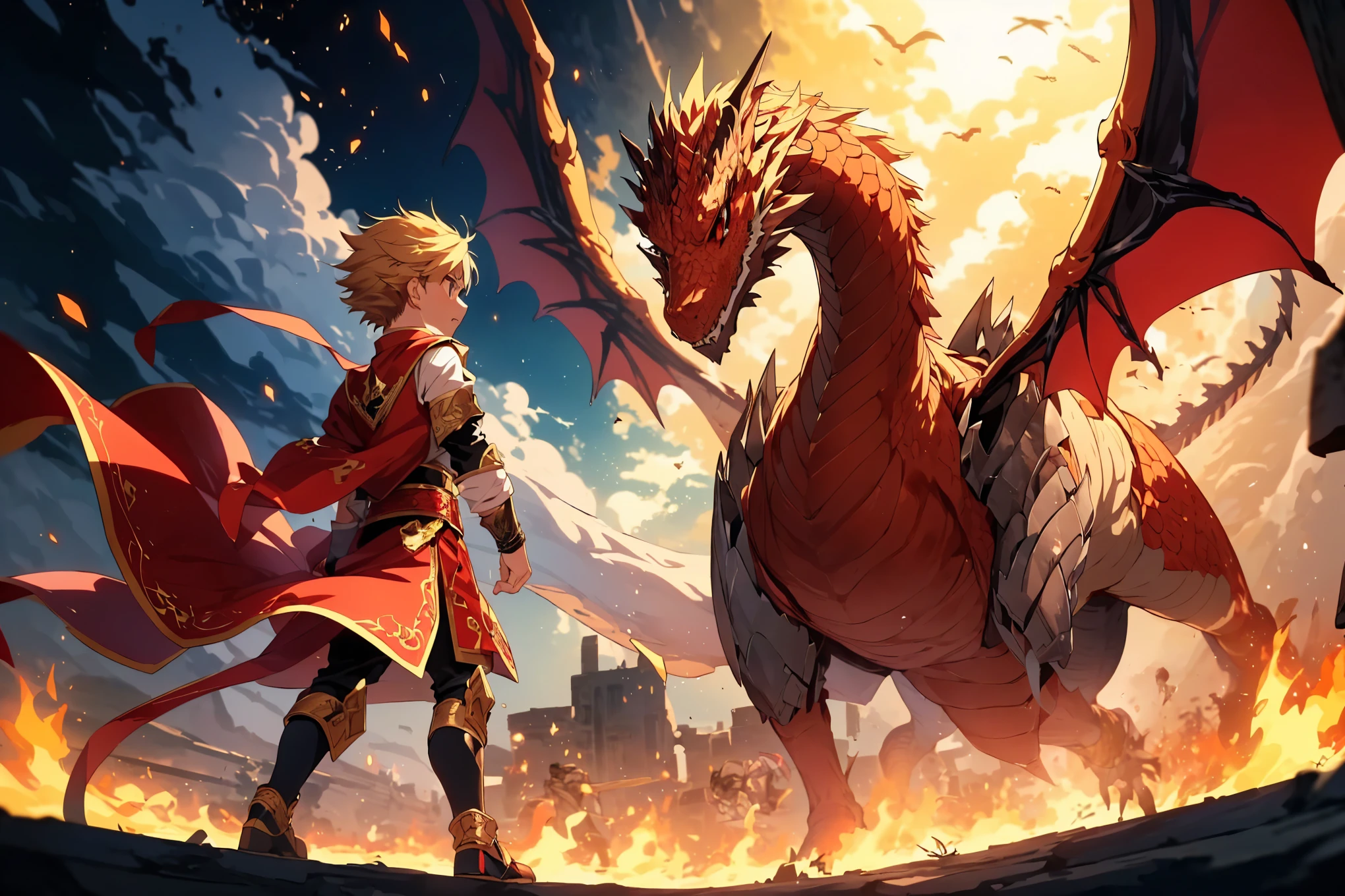 An anime-style illustration of a blond, red-eyed boy wearing ornate red and gold armor as he confronts a huge and threatening dragon. The dragon has shimmering scales and is positioned opposite the boy. The background is a dramatic battlefield with flames and smoke, creating an intense and epic atmosphere. The style should be vibrant and dynamic, typical of action-packed anime scenes. The composition should be wide to emphasize the confrontation between the boy and the dragon.(detailed eyes),detailed skin,(masterpiece,best quality:1.4),Top Quality,High quality,Ultra detailed,insanely detailed,anime style