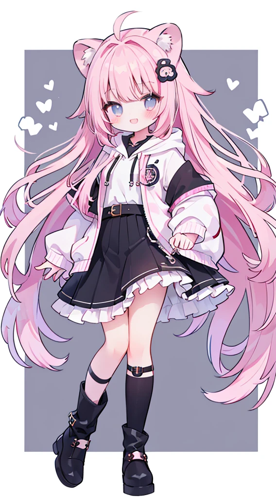 (​masterpiece、top-quality、hightquality)、full body of a young girl、One Little Girl、Long pink hair、Tied hair、Fluffy、Black short skirt、Mafia Girls、full bodyesbian、Fluffy atmosphere、Leather boots、Pure white background、smil、Active、lion motif hoodie、