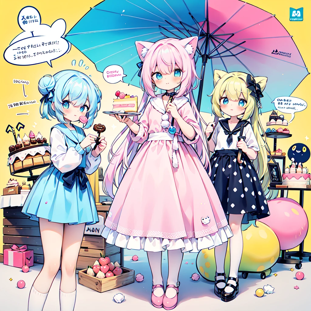 1girl in, ((comic strip))、(Multiple texts)、(Voice bubbles)、Pastel muted colors,holding a pastel umbrella、umbrellas、 (The color palette is yellow:1.2, Blue:1.2, Pink:1.2), (Blue hair bun and blonde), Short Fashion Skirt, Sitting on a throne made of sweets and pastries, For example, donut, sprinkle, candy, lollipop, candy cane, a cake, cupcake, Cake Pop, Ruffles and lace, polka dot, Long bat ears