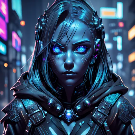 Portrait of a girl with a hood on and a face covered in blue lights, glowing eyes!! intricate, intricate cyberpunk make - up, cy...