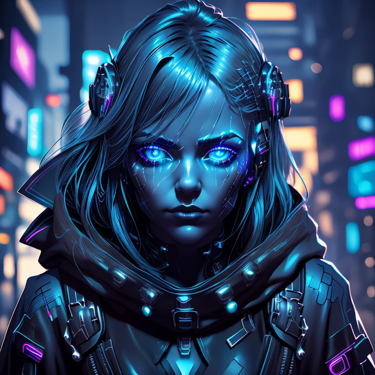 Portrait of a girl with a hood on and a face covered in blue lights, glowing eyes!! intricate, intricate cyberpunk make - up, cyberpunk face, cyberpunk makeup, metal and glowing eyes, hyper-realistic cyberpunk style, sci - fi look, bright cyberpunk glow, has cyberpunk style, cyberpunk photo, cyberpunk style ， hyperrealistic, beautiful cyberpunk girl face