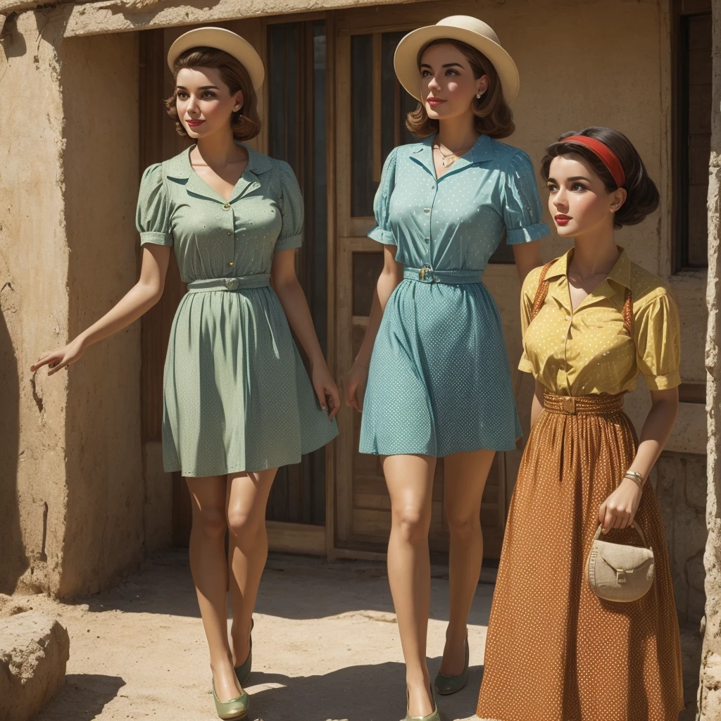 very vintage retro very 1950s in Israel look and feel very detailed defined in sharper crystal clear ways very authentic real like realistic true to time place and period with tans khaki olives blues of all shades greens yellows reds red brown with polka dot patterns 1950s period styles looks styles both young male and female very Israelis-Sabra look looks and feels 1950s period styles looks styles both young male and female very Israelis-Sabras look in Israeli 1950s town and kibbutz