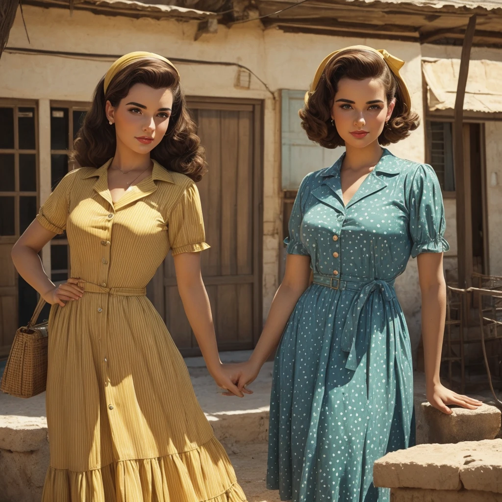 very vintage retro very 1950s in Israel look and feel very detailed defined in sharper crystal clear ways very authentic real like realistic true to time place and period with tans khaki olives blues of all shades greens yellows reds red brown with polka dot patterns 1950s period styles looks styles both young male and female very Israelis-Sabra look looks and feels 1950s period styles looks styles both young male and female very Israelis-Sabras look in Israeli 1950s town and kibbutz