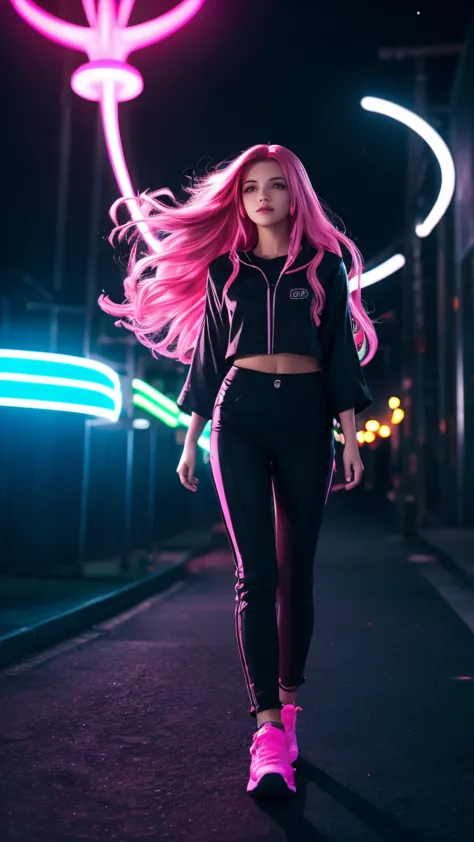 long pink hair woman, night, neon, flying saucer, abduction, galaxy background, neon lights, black clothes with led, 4k