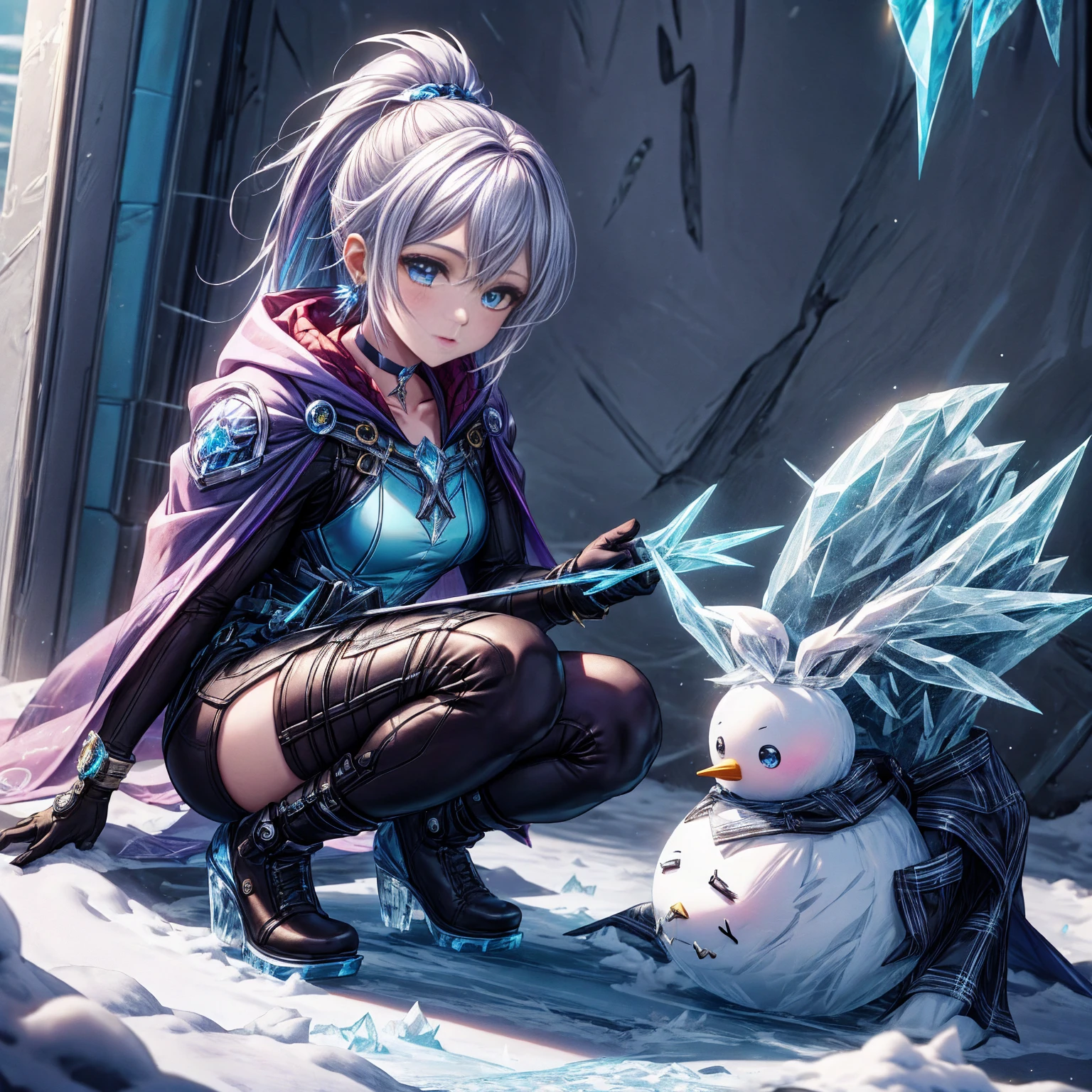 snowman, BREAK, frostracetech, cryogenic, ice, snow, snowflakes, BREAK, pkmnClair, ponytail, earrings, choker, cape, blue bodysuit, blue gloves, blue boots, golden bracelet, BREAK, masterpiece, best quality, extremely detailed, highly quality, 4k, sharp focus, professional, sharp focus, award winning, cinematic lighting, octane render, unreal engine, volumetric wallpaper