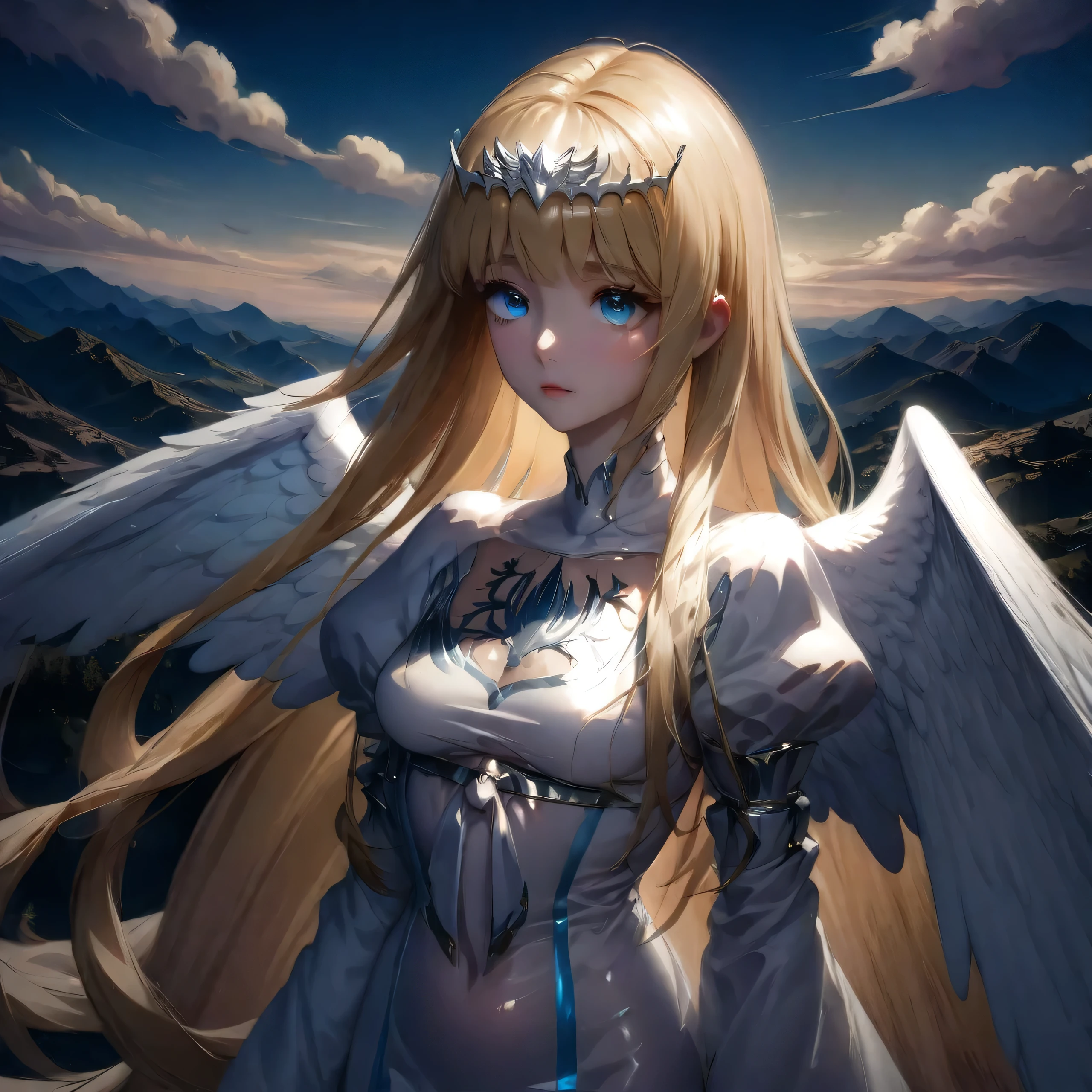 ,hyper-detailed render style, glow,yellow, blue,brush, surreal oil painting, shiny eyes, head closeup, exaggerated perspective, Tyndall effect,, holographic white, beautiful background, 1angel, solo, Calca, Calca Bessarez, blonde hair, extremely long hair, very long hair, white tiara, silver tiara, white dress, blue eyes, medium chest, very short neck, extremely short neck, beautiful scenery, day time, heaven background, (feature big wings:1.5), large white wings, 