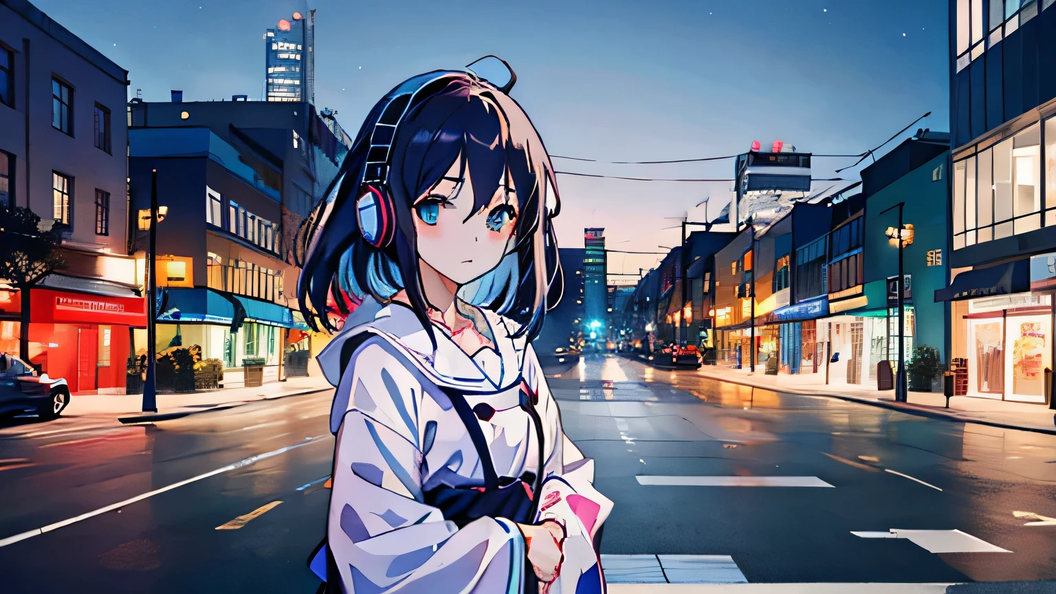 Streets of the city。Headphones。stroll。Cute older sister。night。Before dawn。Blue Moment。Anime Style。Gentle lines。Upper Body。front。looking at the camera。Casual clothing。Show a wonderful view (highest quality, High resolution, Realistic), Vivid colors, Professional Lighting.
