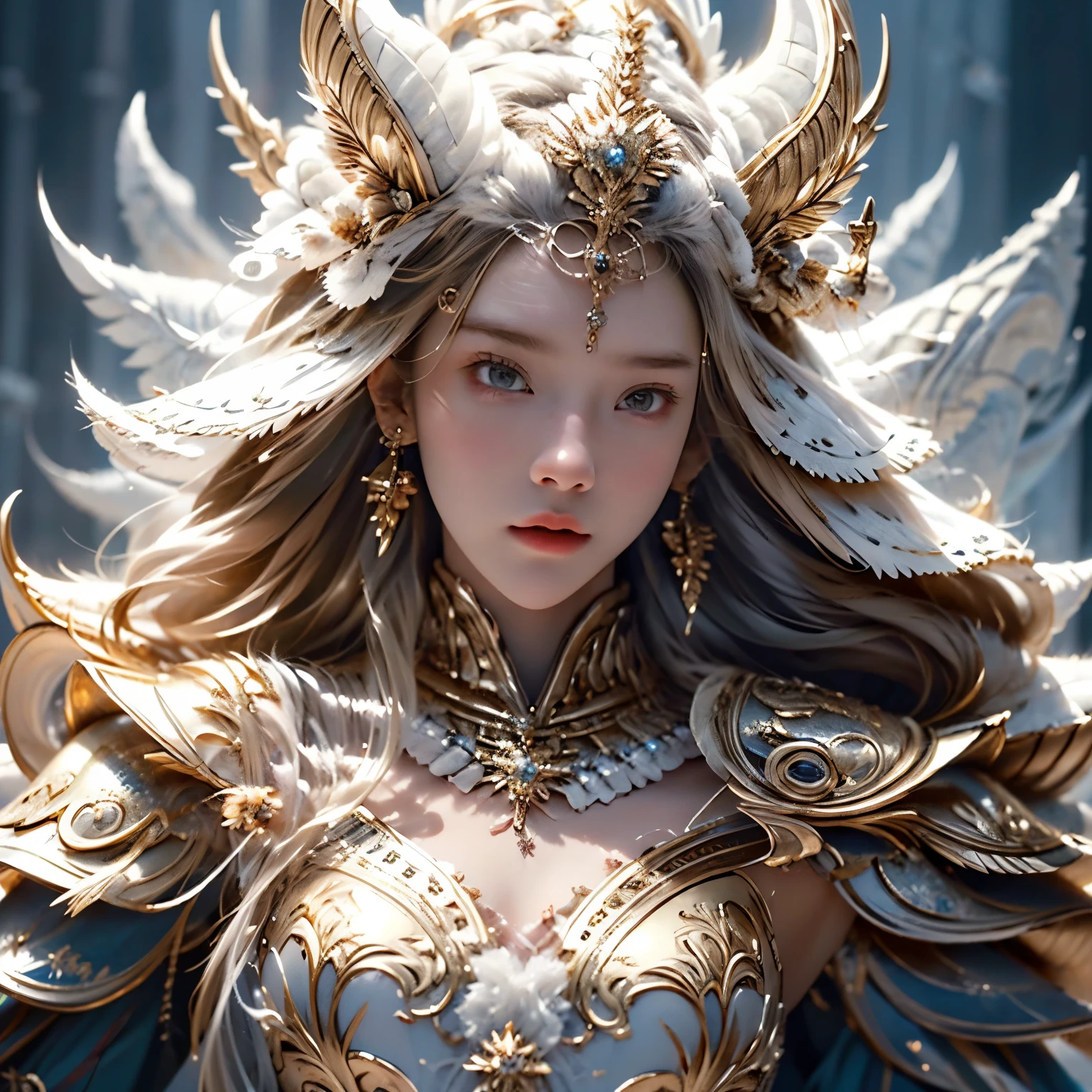 (8k RAW Photo, full body photograph, sharp detail, crisp detail, high detail,  girl, medium breast, ideal body, full body photograph), anya geraldine, anya_geraldine,ice goddess, sexy golden armor, full decorated golden armor,