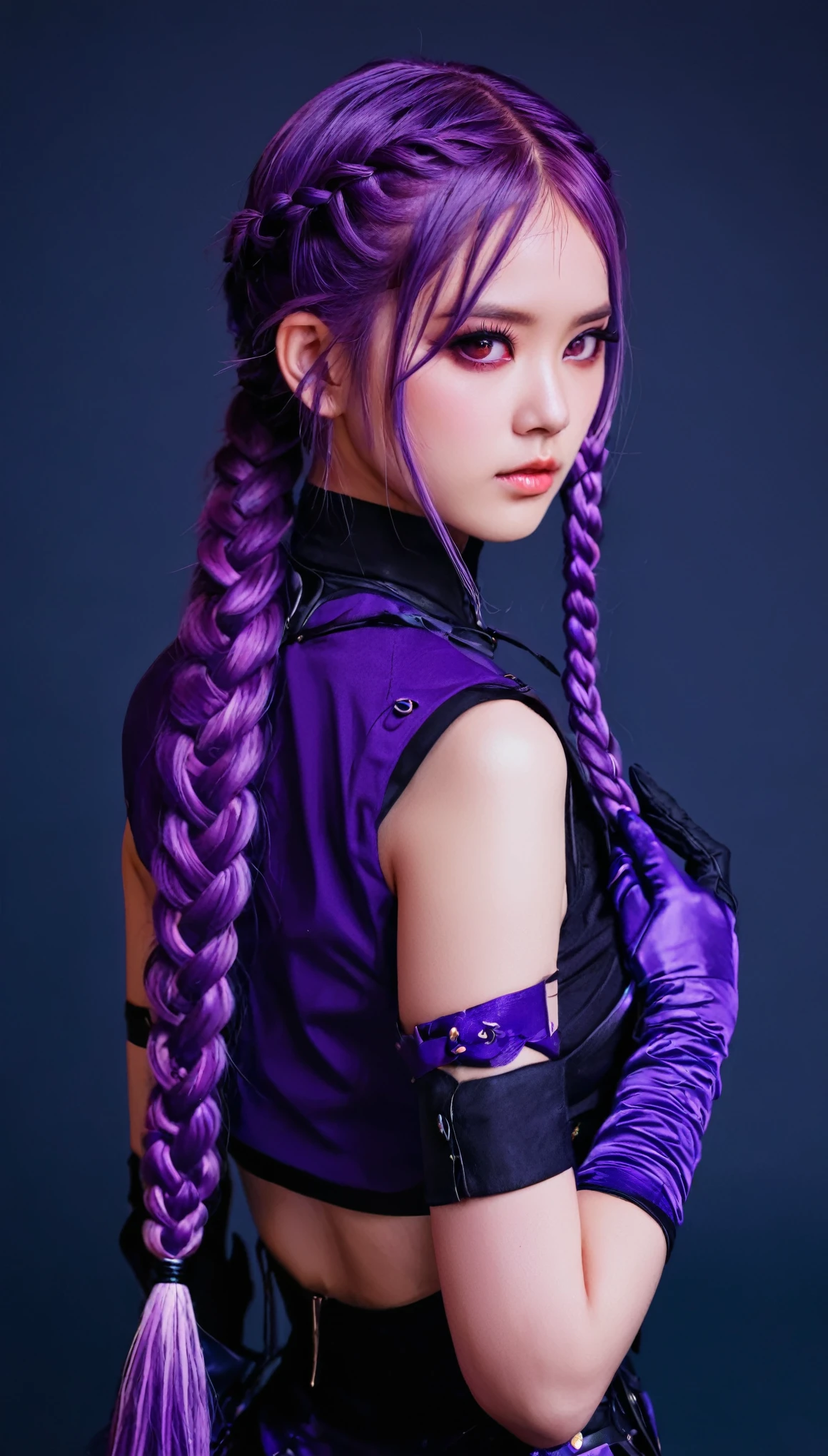 1 girl，solo，beautiful， yinji , anatomical correct:2, twin braids, purple hair，hair ornament, gloves, ahoge，low-tied very long hair， purple eyes，minimalist Journey