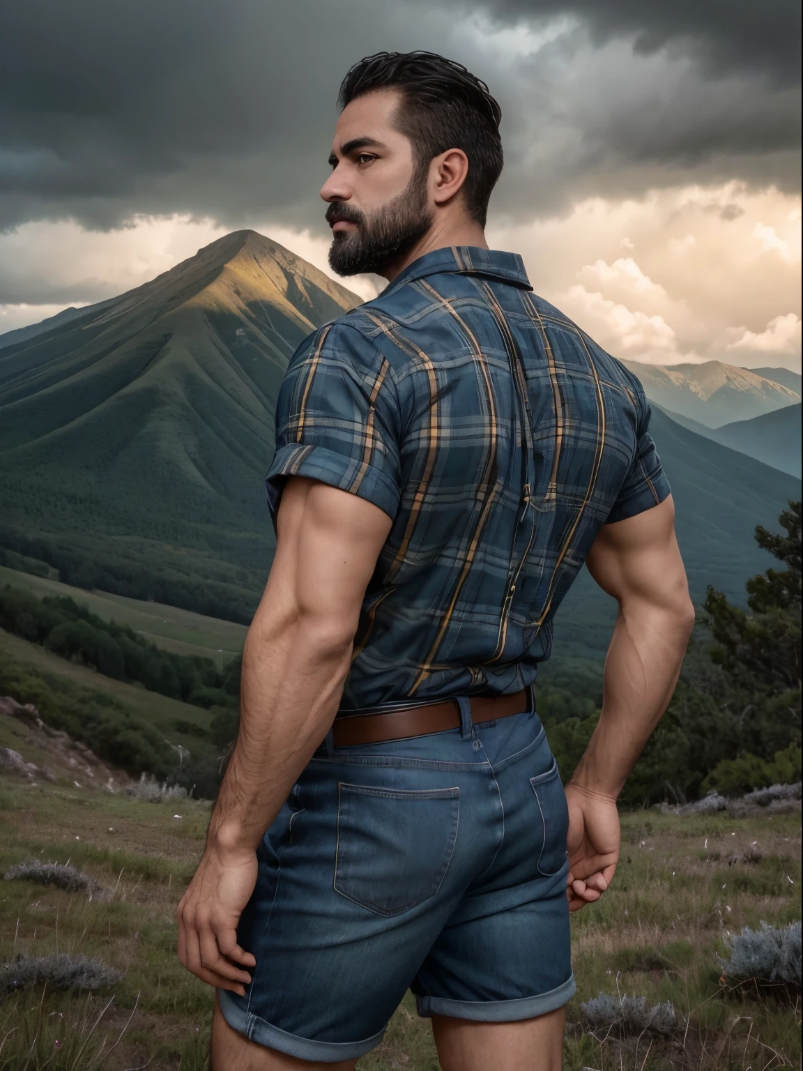 obra maestra, Mejor calidad, high resolution, Retrato de primer plano, (1 chico:1.4) A man in a lumberjack suit, muscular, (con camisa: 1.2) enfoque masculino, enfocarse solo, piel bronceada, 38-year-old man dressed as a lumberjack., muscular, fuerte, peludo, Masculino, (descamisado: 1.2), In the background a mountain, en una tormenta, amazing composition, , HDR, volumetric lighting, (plano general, desde el frente:1.2) (GS-Macho :1.5) (magnificent landscape:1.2) ((backside))