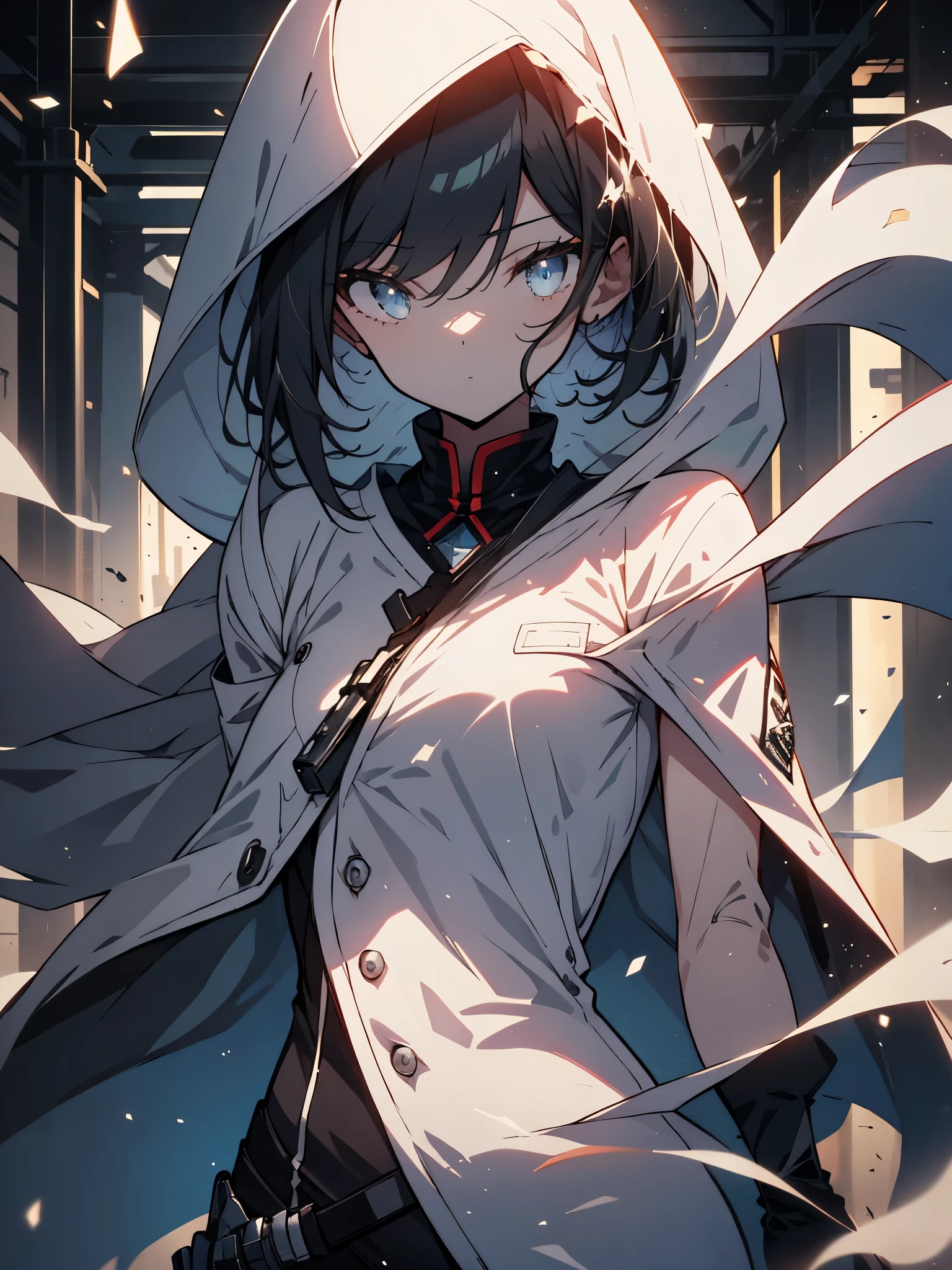 Assassin, gloomy girl, Holding a shotgun, Short Bob, Black Hair, Wearing a white hood, white combat suit, low length, Small breasts, blue eyes, Confused eyes, The body is twisted greatly, Gun muzzle camera