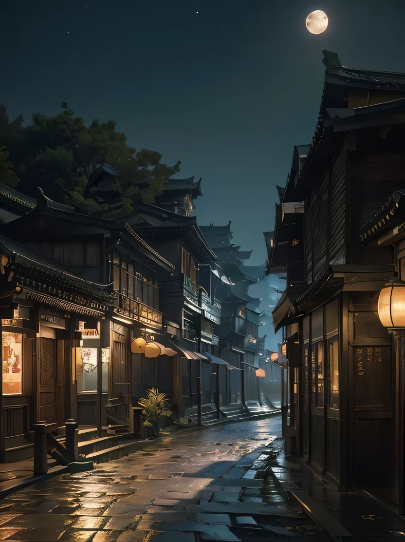 ((masterpiece、highest quality、Very detailed、High resolution、Realistic、Sharp focus、Cinema Lighting))、((Landscape only、There are no people))、Official Art、streets of china、 (Lots of fireflies、night、moon)、 Street lamp、Beautiful views、Spectacular scenery、Detailed Description、Global Illumination、Unreal Engine Rendering、Octane Rendering