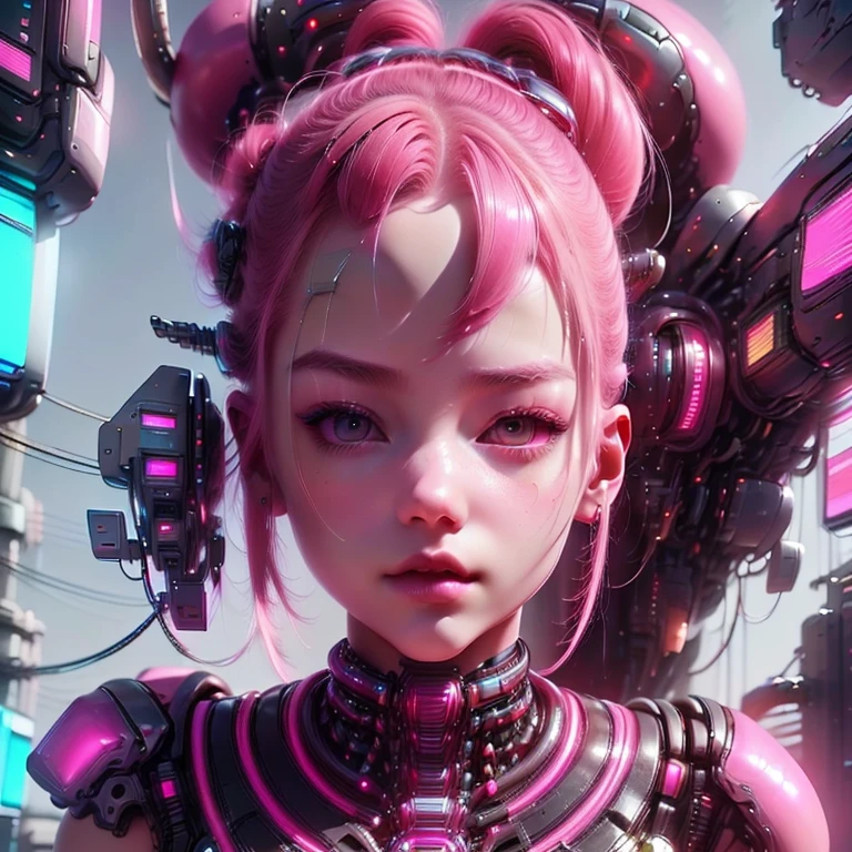 a close up of a girl with pink hair and a pink outfit, beautiful cyberpunk woman model, in cyberpunk style, cyberpunk, beautiful cyberpunk girl face, futuristic look, cyberpunk look, hyper-realistic cyberpunk style, bright cyberpunk glow, cyberpunk beautiful girl, cyberpunk style color, cyberpunk style ， hyperrealistic, neon cyberpunk style